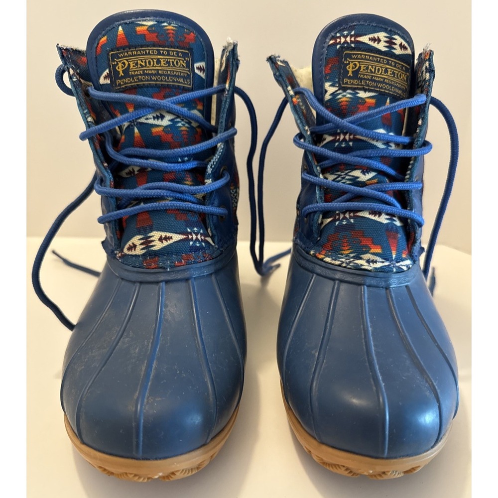 Pendleton Women's Tucson Duck Fleece Rain Boots Blue Southwestern Sz 7 EU 39..5